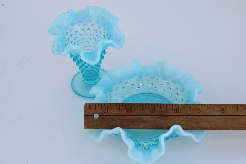 photo of vintage Fenton blue opalescent hobnail glass crimped vase & bowl like a mini epergne #4