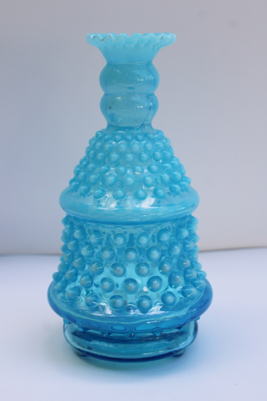 photo of vintage Fenton blue opalescent hobnail glass lamp body, vase shape small table lamp  #1