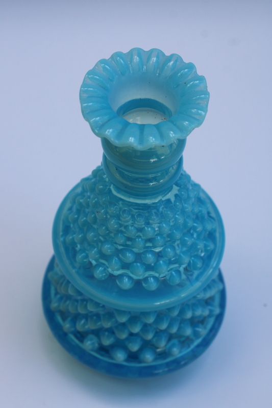 photo of vintage Fenton blue opalescent hobnail glass lamp body, vase shape small table lamp #4
