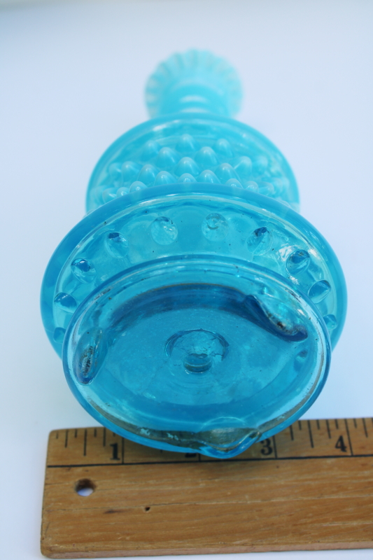 photo of vintage Fenton blue opalescent hobnail glass lamp body, vase shape small table lamp #6