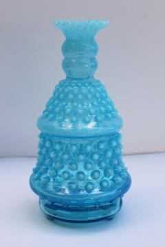 vintage Fenton blue opalescent hobnail glass lamp body, vase shape small table lamp 