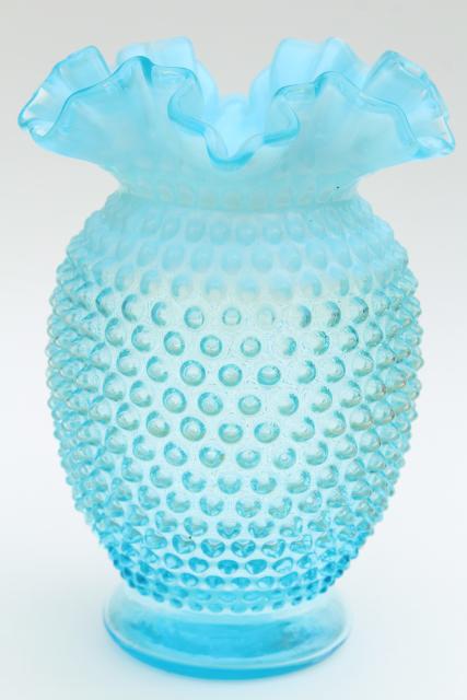 photo of vintage Fenton blue opalescent hobnail glass, large flower vase w/ crimped ruffle #2