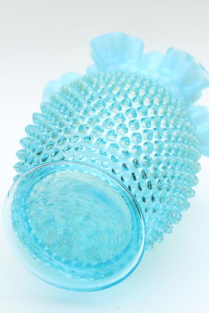 photo of vintage Fenton blue opalescent hobnail glass, large flower vase w/ crimped ruffle #4