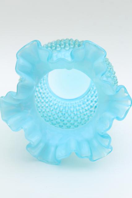 photo of vintage Fenton blue opalescent hobnail glass, large flower vase w/ crimped ruffle #5