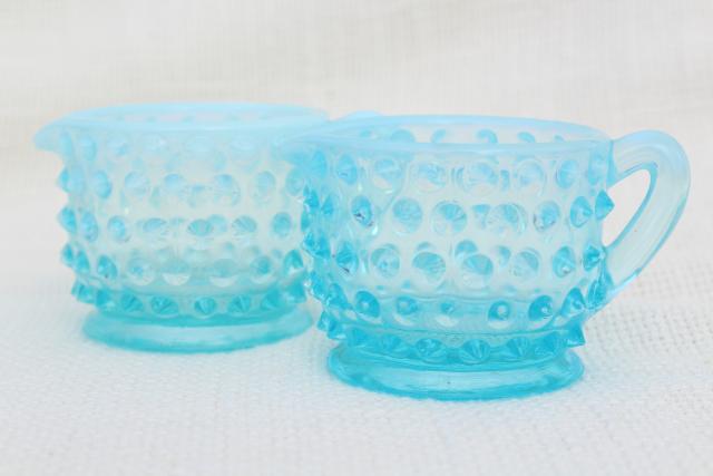 photo of vintage Fenton blue opalescent hobnail glass mini creamers, tiny cream pitchers #2