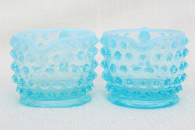 photo of vintage Fenton blue opalescent hobnail glass mini creamers, tiny cream pitchers #3