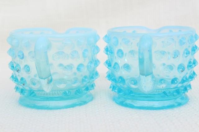 photo of vintage Fenton blue opalescent hobnail glass mini creamers, tiny cream pitchers #4