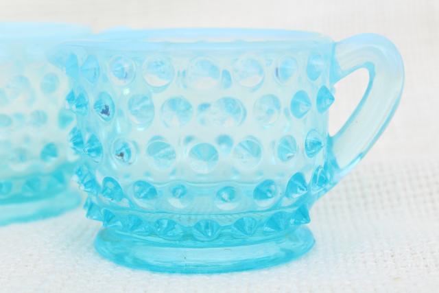 photo of vintage Fenton blue opalescent hobnail glass mini creamers, tiny cream pitchers #6