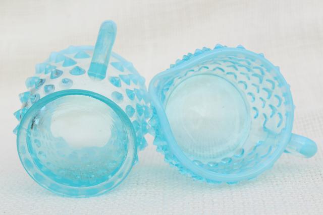 photo of vintage Fenton blue opalescent hobnail glass mini creamers, tiny cream pitchers #7