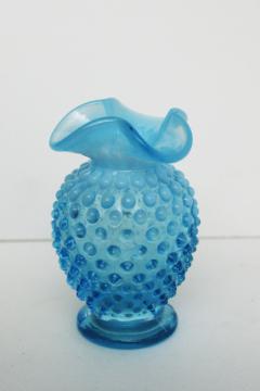 catalog photo of vintage Fenton blue opalescent hobnail glass vase or perfume cologne bottle