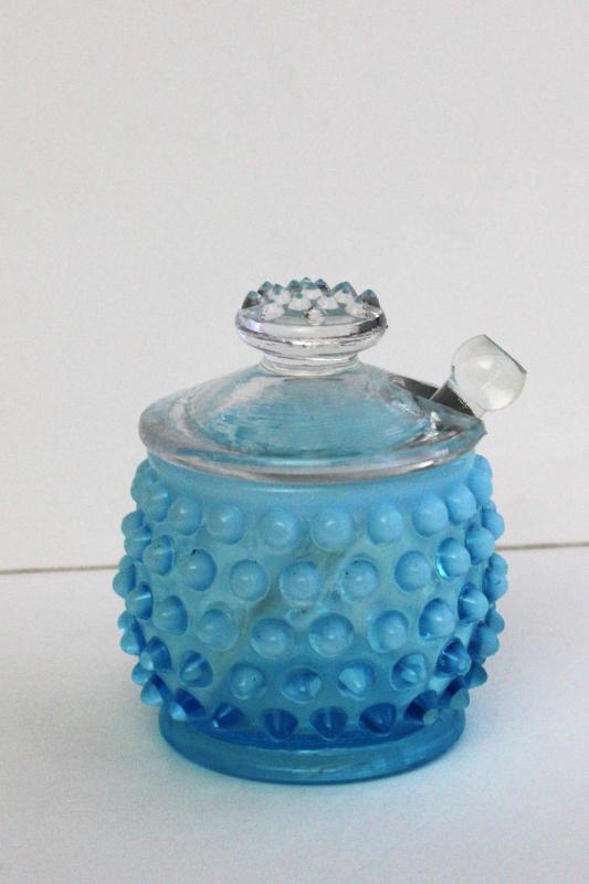 photo of vintage Fenton blue opalescent hobnail jam pot w/ clear glass spreader & lid #1