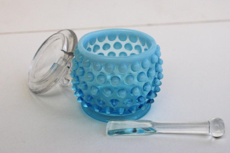 photo of vintage Fenton blue opalescent hobnail jam pot w/ clear glass spreader & lid #2