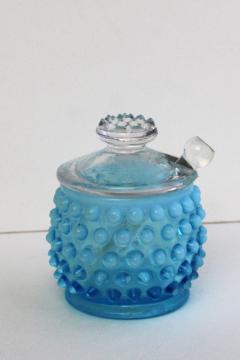 catalog photo of vintage Fenton blue opalescent hobnail jam pot w/ clear glass spreader & lid