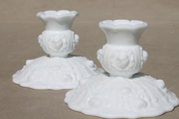 catalog photo of vintage Fenton cabbage rose milk glass candlesticks, candle holder set w/ roses