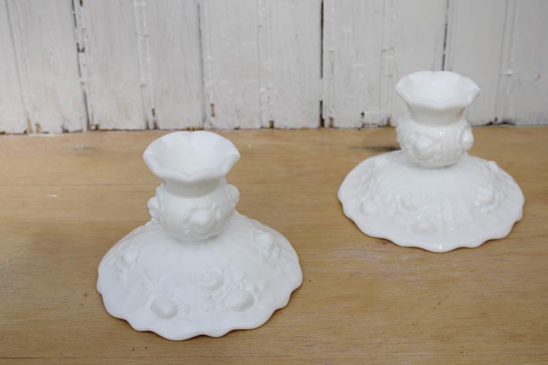 photo of vintage Fenton cabbage rose milk glass candlesticks, pair of candle holders roses pattern #1