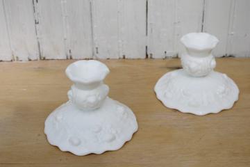 catalog photo of vintage Fenton cabbage rose milk glass candlesticks, pair of candle holders roses pattern