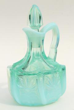 catalog photo of vintage Fenton cactus pattern cruet, green opalescent glass bottle & stopper