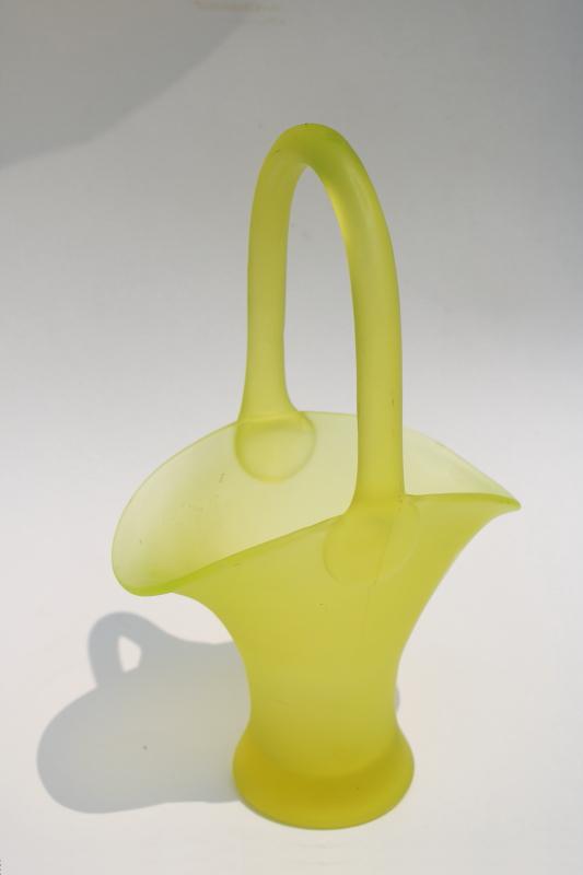 photo of vintage Fenton canary yellow uranium glass brides basket vase, frosted satin glass #2