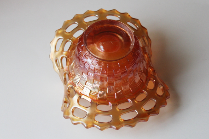 photo of vintage Fenton carnival glass basketweave bowl w/ open lace edge, marigold color #4