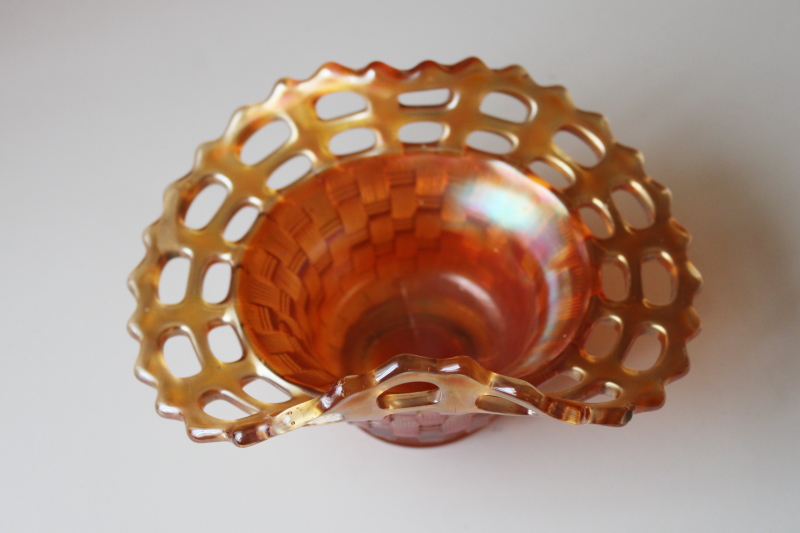 photo of vintage Fenton carnival glass basketweave bowl w/ open lace edge, marigold color #5
