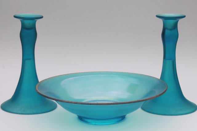 photo of vintage Fenton celeste blue flower bowl & candle sticks, steuben blue stretch glass console se #1