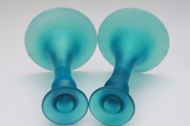 photo of vintage Fenton celeste blue flower bowl & candle sticks, steuben blue stretch glass console se #3