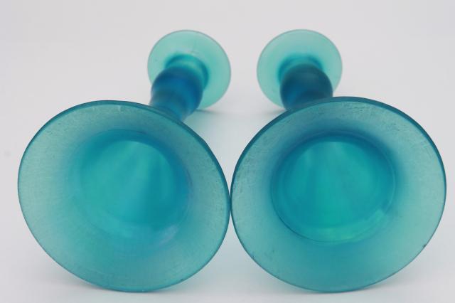 photo of vintage Fenton celeste blue flower bowl & candle sticks, steuben blue stretch glass console se #4