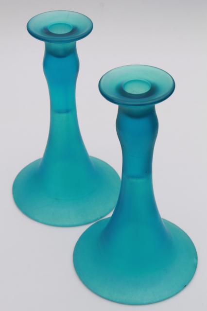 photo of vintage Fenton celeste blue flower bowl & candle sticks, steuben blue stretch glass console se #6