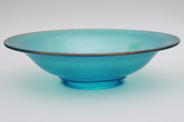 photo of vintage Fenton celeste blue flower bowl & candle sticks, steuben blue stretch glass console se #7