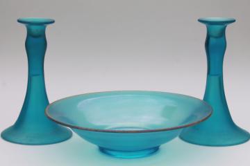 catalog photo of vintage Fenton celeste blue flower bowl & candle sticks, steuben blue stretch glass console se