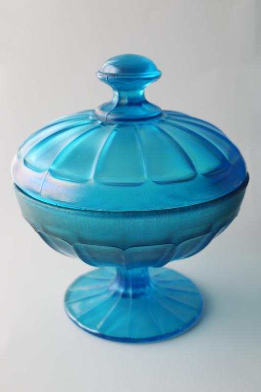 photo of vintage Fenton celeste blue iridescent stretch glass candy dish w/ lid #1