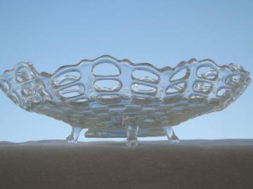 catalog photo of vintage Fenton clear pressed glass lace edge basket weave footed bowl 