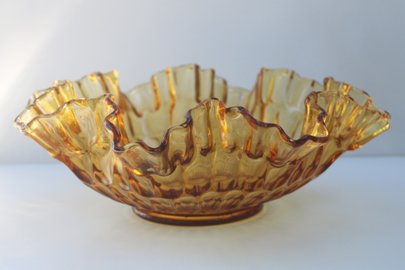 photo of vintage Fenton colonial amber thumbprint pattern glass, large centerpiece bowl w/ crimped edge  #1