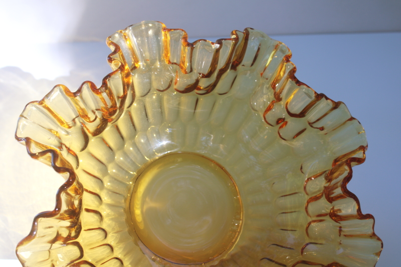 photo of vintage Fenton colonial amber thumbprint pattern glass, large centerpiece bowl w/ crimped edge  #2