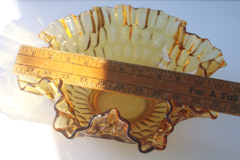 photo of vintage Fenton colonial amber thumbprint pattern glass, large centerpiece bowl w/ crimped edge  #5