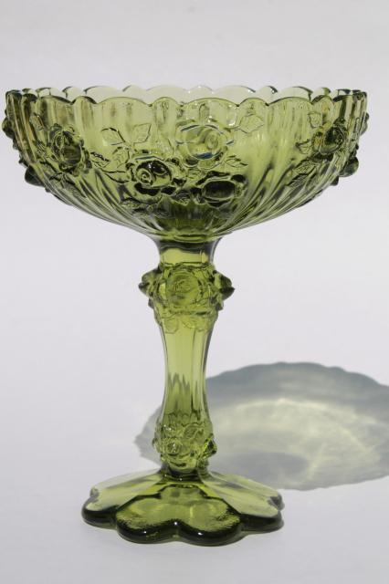 photo of vintage Fenton colonial green glass rose compote bowl / candy dish #1