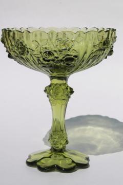 catalog photo of vintage Fenton colonial green glass rose compote bowl / candy dish