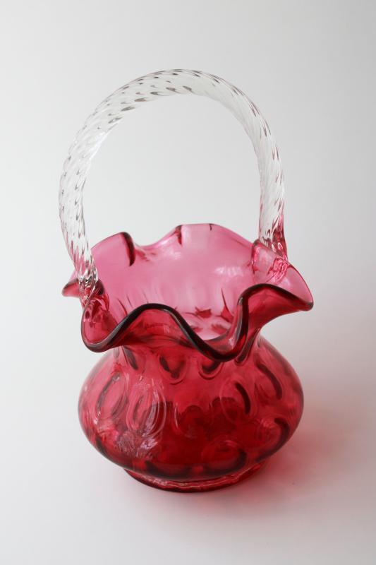 photo of vintage Fenton cranberry glass basket, hand blown inverted thumbprint dot optic coin spot #1