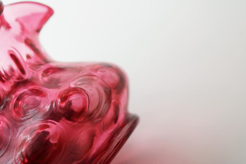 photo of vintage Fenton cranberry glass basket, hand blown inverted thumbprint dot optic coin spot #3