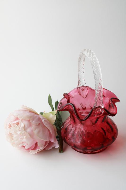 photo of vintage Fenton cranberry glass basket, hand blown inverted thumbprint dot optic coin spot #5