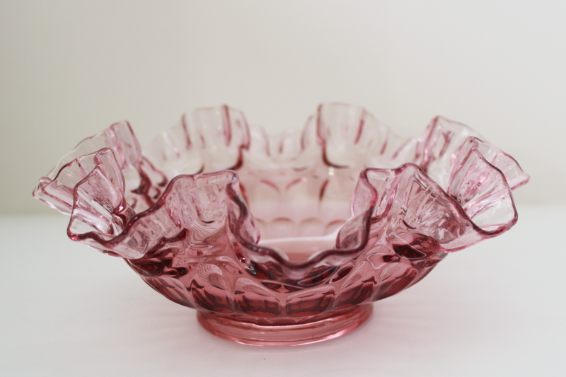 photo of vintage Fenton cranberry glass bowl thumbprint pattern hand blown crimped glass #1