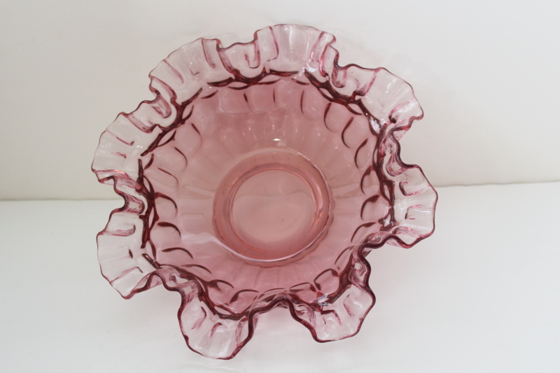 photo of vintage Fenton cranberry glass bowl thumbprint pattern hand blown crimped glass #2