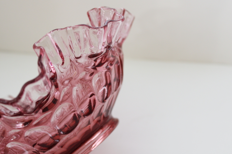 photo of vintage Fenton cranberry glass bowl thumbprint pattern hand blown crimped glass #3