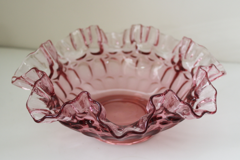 photo of vintage Fenton cranberry glass bowl thumbprint pattern hand blown crimped glass #5