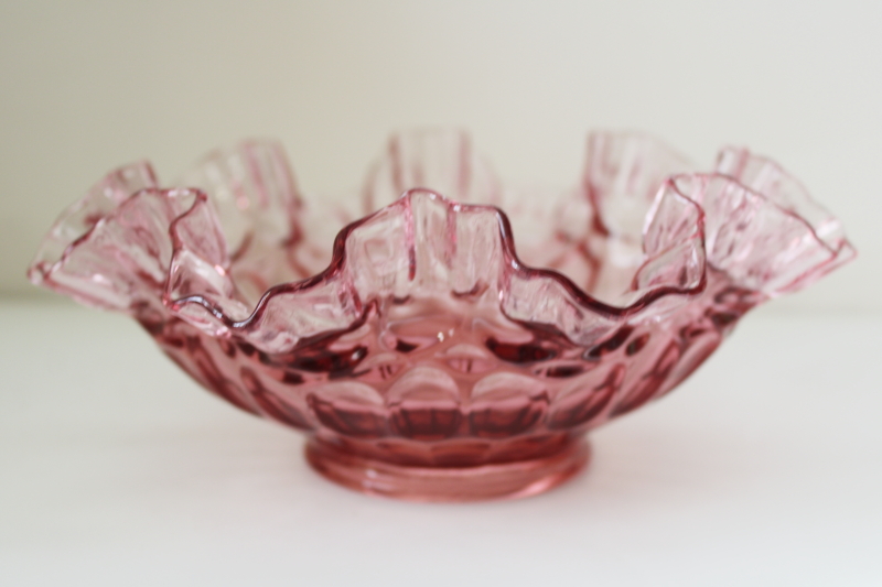 photo of vintage Fenton cranberry glass bowl thumbprint pattern hand blown crimped glass #6