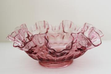 catalog photo of vintage Fenton cranberry glass bowl thumbprint pattern hand blown crimped glass