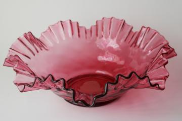 catalog photo of vintage Fenton cranberry glass brides basket bowl, large centerpiece crimped diamond optic