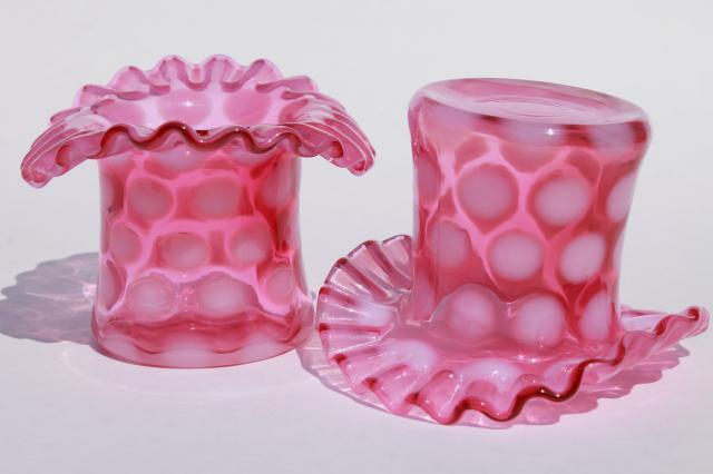 photo of vintage Fenton cranberry glass white opalescent coin dot coinspot top hat vases #1