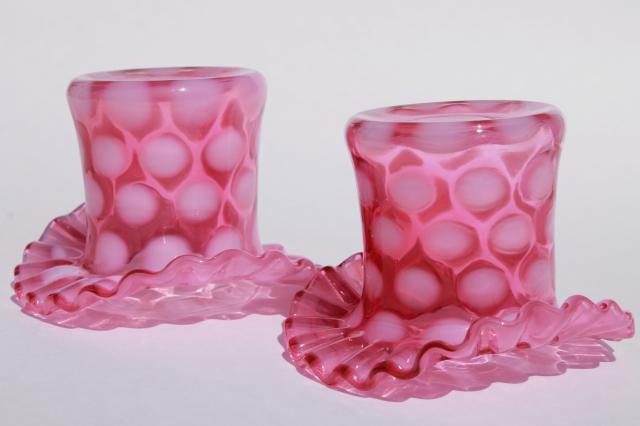 photo of vintage Fenton cranberry glass white opalescent coin dot coinspot top hat vases #2