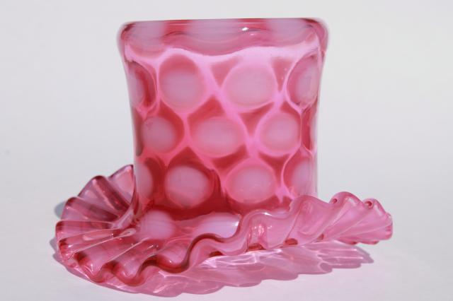 photo of vintage Fenton cranberry glass white opalescent coin dot coinspot top hat vases #6